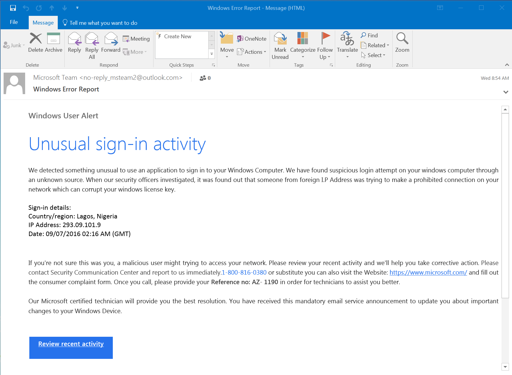 Microsoft Phishing Email Example