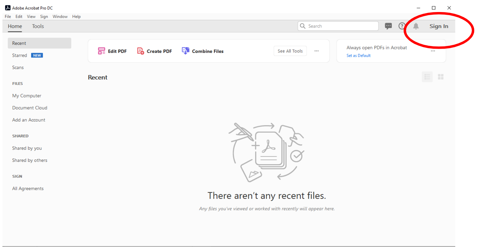Adobe Acrobat DC landing page screenshot with sign in link circled