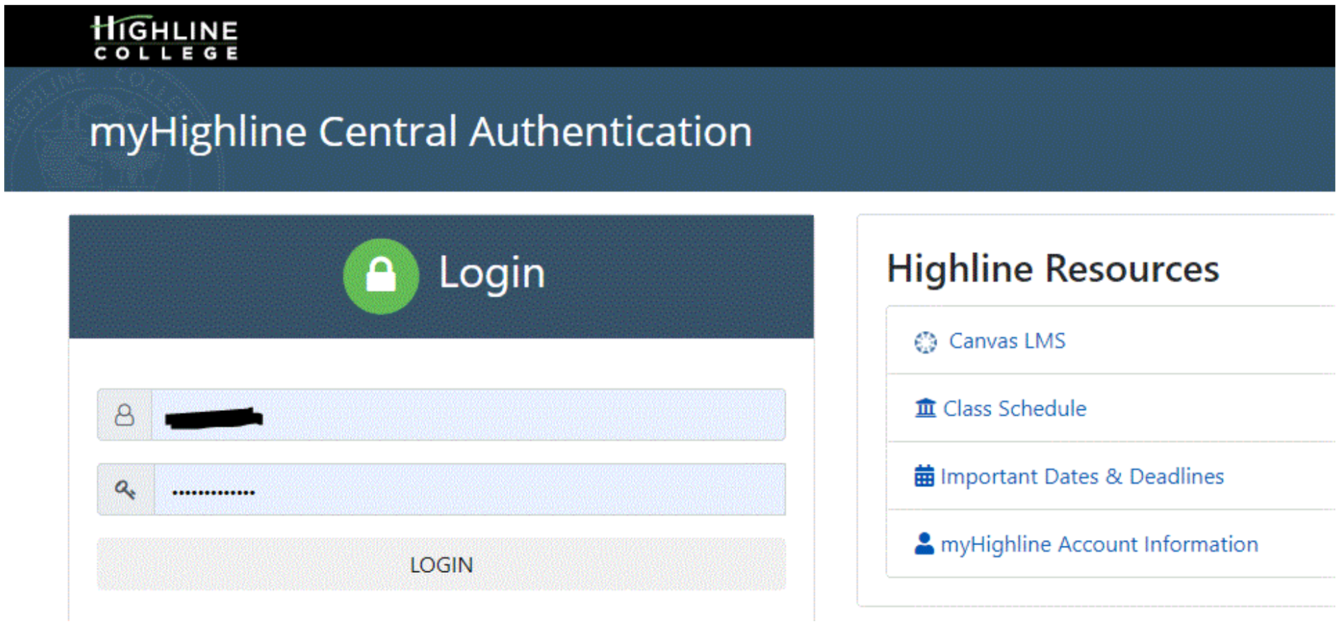 Highline Central Authentication Login page screenshot