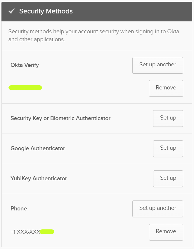 Okta Account Security Methods options