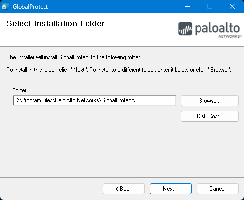 Select Installation Folder for GlobalProtect screenshot