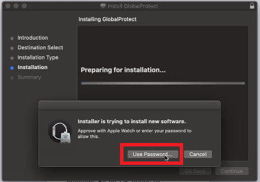 Installer trying to install, password required, screenshot