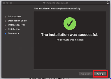 GlobalProtect installation for MAC successful screenshot