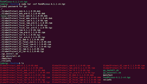 Linux installation of GlobalProtect, command “sudo tar -xvf PanGPLinux-6.1.1-c4.tgz” screenshot