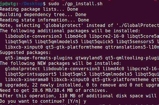 Linux installation of GlobalProtect, command “./gp_install.sh” screenshot