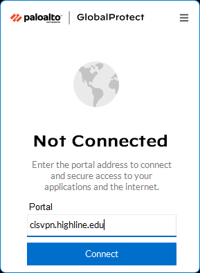 GlobalProtect Not Connected, enter portal address, screenshot