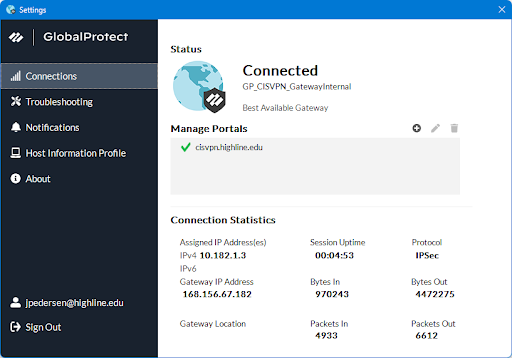 GlobalProtect Connections menu screenshot