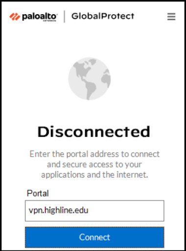 GlobalProtect main popup screen showing the app is Disconnected from the VPN. There is a 'Portal' text box with the address vpn.highline.edu