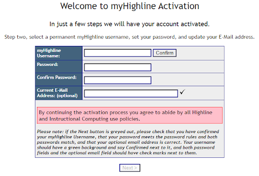 MyHighline Account Set Up Screenshot