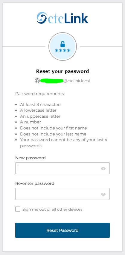 ctclink myaccount new password screenshot