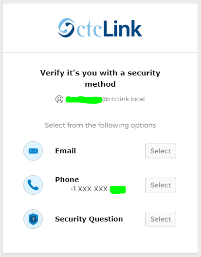 ctclink myaccount verify security method options screenshot