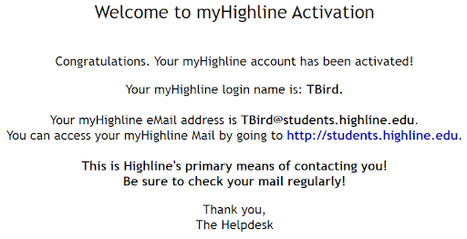 MyHighline Account Activation Complete screenshot