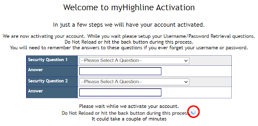 MyHighline Account Activation in progress screenshot
