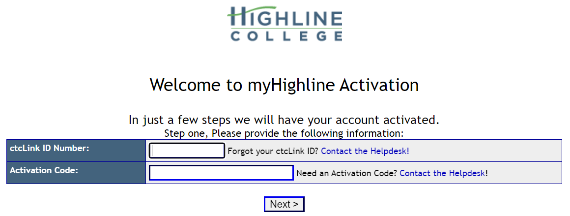 MyHighline Activation homepage screenshot