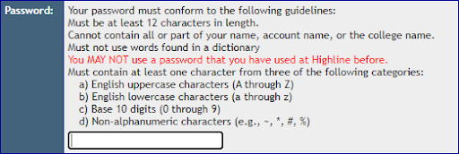 MyHighline Password Requirements Screenshot