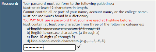 MyHighline Password Requirements checklist screenshot