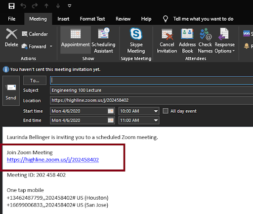 Zoom Scheduke Meeting Outlook Invite screenshot