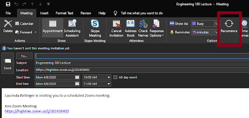 Zoom Schedule Meeting Outlook Invite set Recurrence screenshot