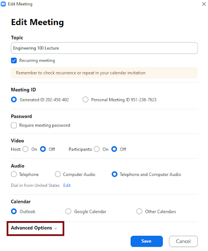 Zoom Edit Meeting, select Advanced Options, screenshot