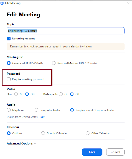 Zoom Meeting Require Password button screenshot