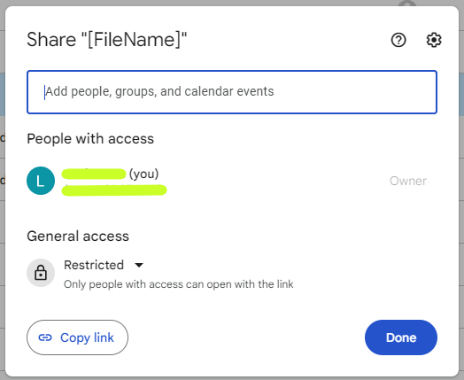Google Drive File Share Access options popup