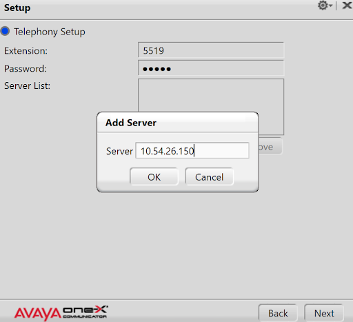 Avaya Soft Phone Telephony Setup Add Server 10.54.26.150