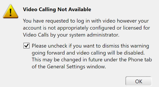 Avaya Soft Phone Video Calling Not Available warning, uncheck the box to dismiss warning