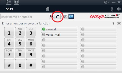Avaya Soft Phone Making a Call, Handset Icon circled in red