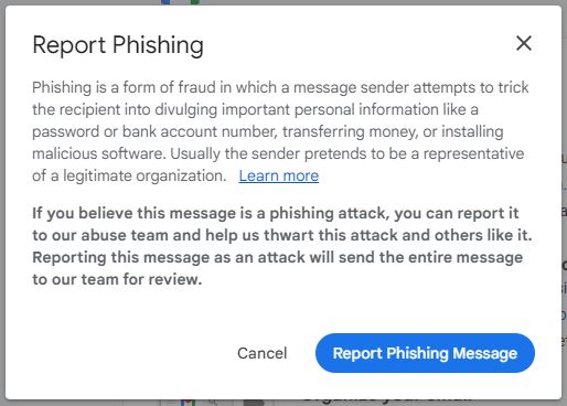 Gmail Report Phishing popup