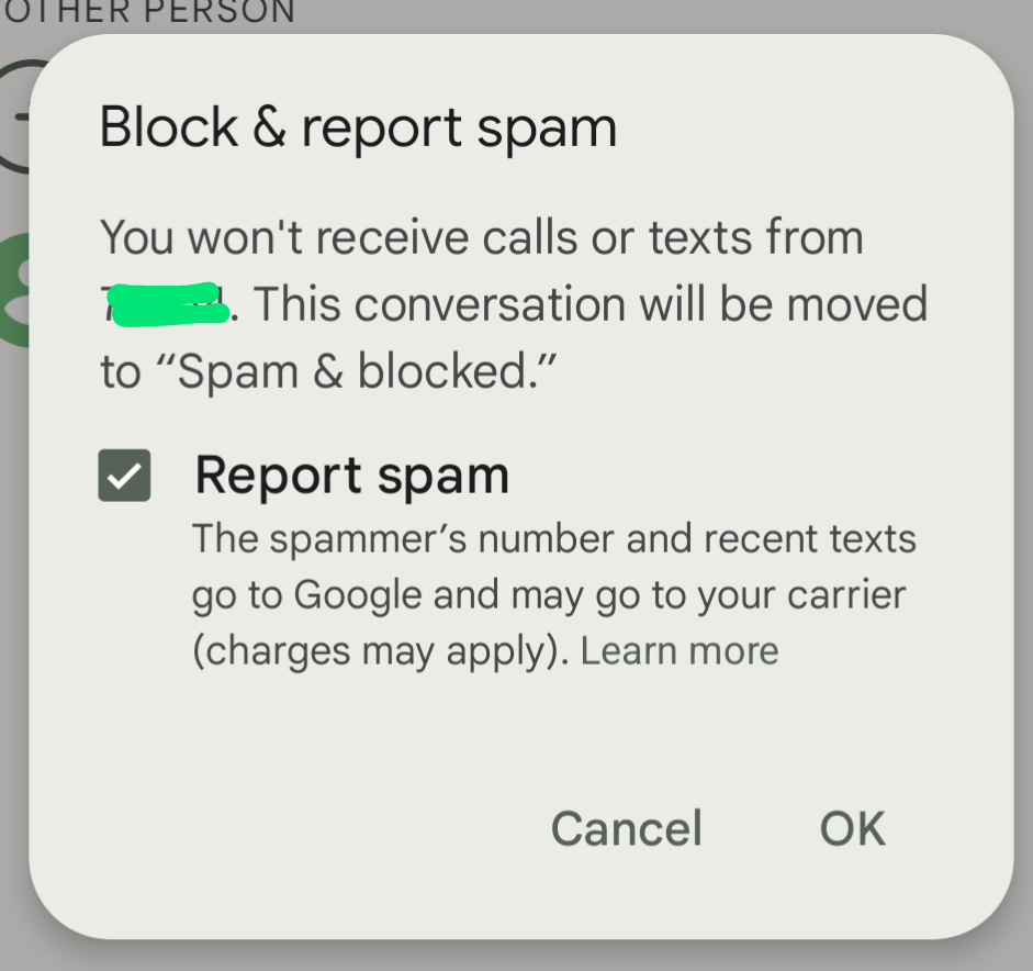 Android text message block and report spam confirm