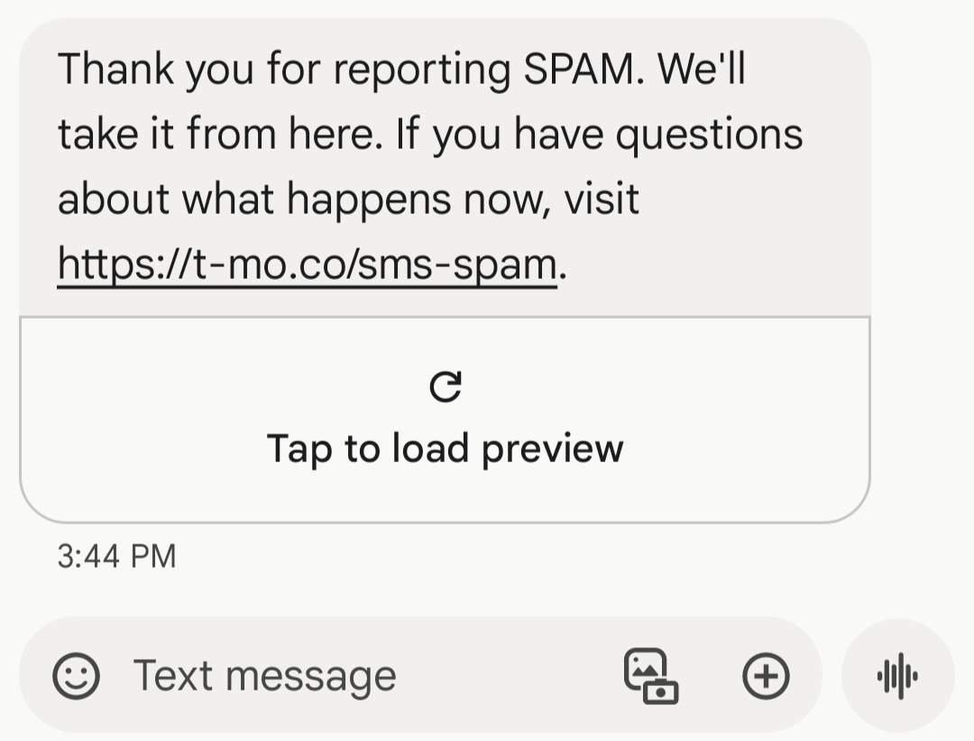 android text message spam report confirmation