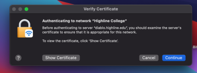 Highline Wifi Mac OS authentication verify certificate