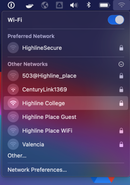 Highline Wifi Mac OS connections menu