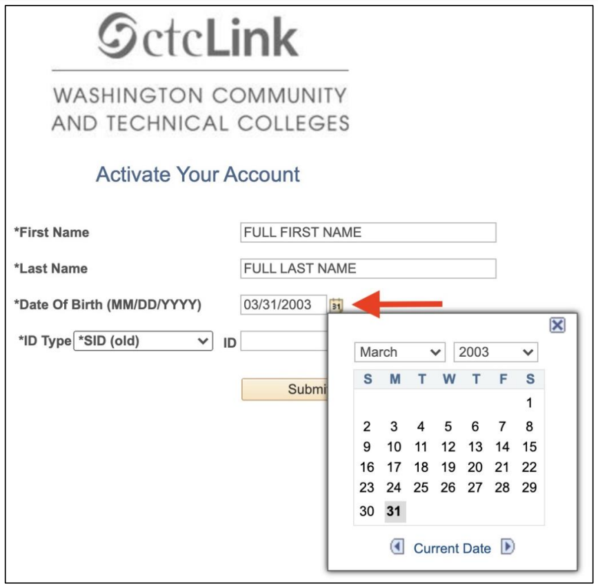 ctcLink activation enter birthdate