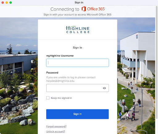 Screenshot of MacOS web browser at the Highline Okta log in screen for Microsoft 365, asking for your myHighline username and password. If you are unable to log in, contact helpdesk@highline,edu