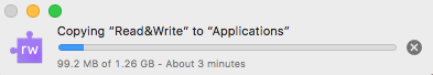 Screenshot of the MacOS Read&Write installation process, showing the progress of Read&Write being copied to your Applications folder.