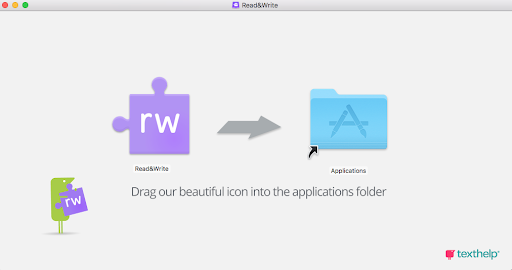 Screenshot of the MacOS installation process, showing the Read&Write icon with an arrow pointing it to the Applications folder. It reads 'Drag our beautiful icon into the applications folder,'