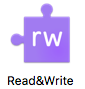 Desktop icon for Read&Write on MacOS. It is a purple puzzle piece with lowercase 'rw' in white in the center. Below the puzzle piece it reads 'Read&Write' in black on a white background.