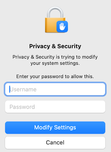 Screenshot of the Read&Write Privacy & Security log in to confirm identity before modifying your system settings. Enter your myHighline username and password and click the blue 'Modify Settings' button at the bottom.