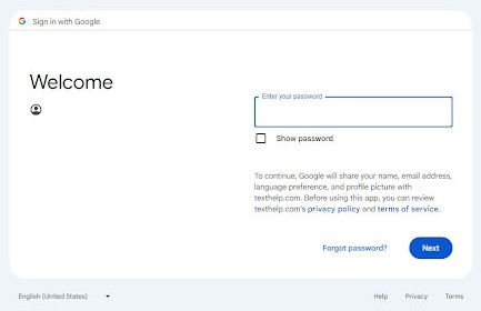 Screenshot of MacOS web browser on the Read&Writelog in screen for Highline Students to enter their password, with a 'Forgot Password' link. It notes that by signing in, Google will share your name, email address, language preferences, and profile picture with texthelp.com, and has links to their Privacy Policy and Terms of Service. There is a link to the Help page on the bottom.