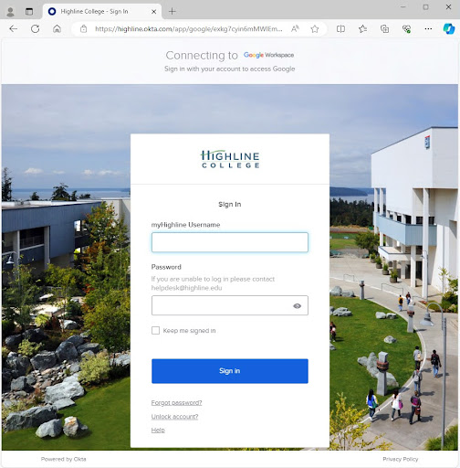 Screenshot of MacOS web browser on the myHighline Okta log in screen. If you are unable to log in, contact helpdesk@highline.edu. There is a link for 'Forgot Password' and 'Unlock Account' as well as the 'Help' page.