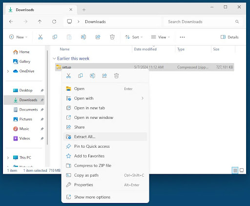 Screenshot of Windows File Explorer, showing the setup.exe file in the local Downloads folder, with the selection menu highlighting the 'Extract All' option