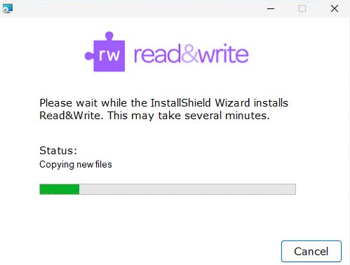 Screenshot of Windows Read&Write installer (ShieldWizard) progress of copying the Read&Write files onto your computer. This may take several minutes.. There is a cancel button at the bottom right.