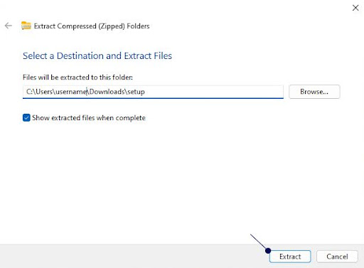 Screenshot of Windows popup screen for extracting zip files, with an arrow pointing at the 'Extract' button at the bottom right