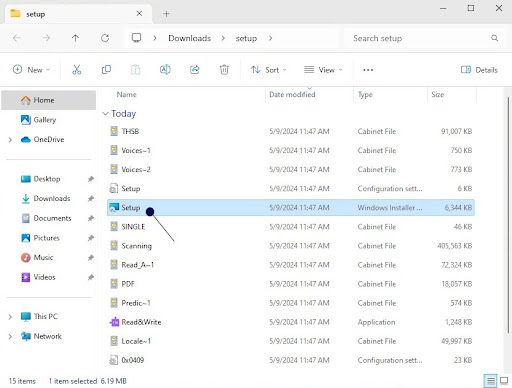 Screenshot of Windows Downloads/Setup folder with the newly extracted setup.msi file highlighted