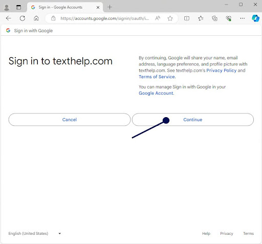 Screenshot of MacOS web browser on the 'Sign in to texthelp.com' screen., with an arrow pointing to the 'Continue' button.