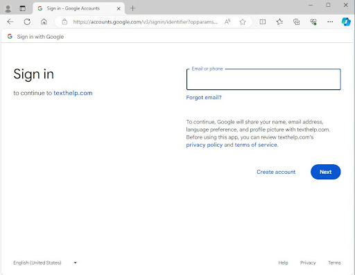 Screenshot of Windows web browser showing the Google log in screen for Read&Write asking for your phone or email address. Use your Highline email. Also has link to the Google Privacy Policy and Terms of Service.