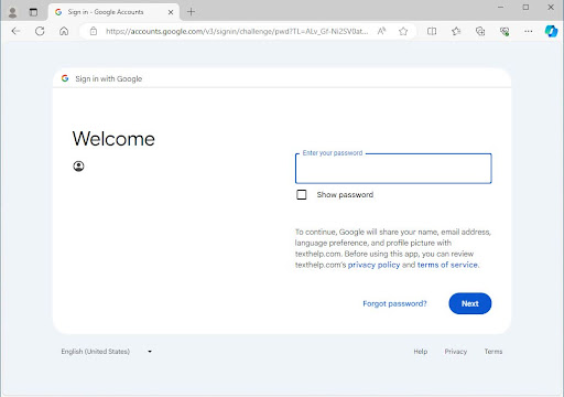 Screenshot of the google texthelp Read&Write ;og in screen for students. Has links to the Google Privacy Policy and Terms of Service, as well as a Forgot Password link.