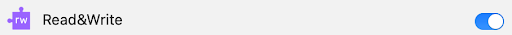 Screenshot of the 'Read&Write' Accessibility screen, a closeup on the Read&Write app name with a toggle switch on the right side. The toggle is on the right, which means it is turned 'on', which makes it turn blue.