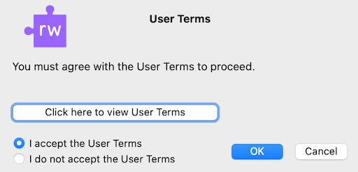 Screenshot of Read&Write asking you to agree to the User Terms to proceed. There is a white button labeled 'Click here to view User Terms.'' You may choose between 'I do not accept the User Terms' or 'I accept the User Terms.' Then you may click the 'Continue' button.